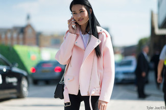 Women's Pink Wool Biker Jacket, White Crew-neck T-shirt, Black Skinny Jeans, Black Leather Crossbody Bag