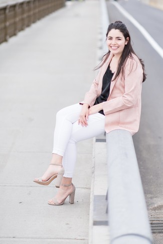 Pink Blazer Outfits For Women: Reach for a pink blazer and white skinny jeans to assemble an absolutely chic and current casual ensemble. Balance out your outfit with a sleeker kind of footwear, like this pair of beige suede heeled sandals.