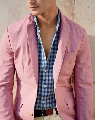 Men's Pink Blazer, White and Blue Gingham Long Sleeve Shirt, Beige Chinos, Dark Brown Canvas Belt