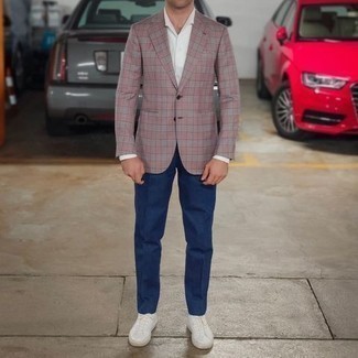Pink Gingham Blazer Outfits For Men: This refined combo of a pink gingham blazer and blue dress pants will allow you to parade your sartorial expertise. Want to play it down when it comes to footwear? Introduce a pair of white canvas low top sneakers to your look for the day.