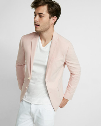 Men's Pink Blazer, White V-neck T-shirt, White Jeans
