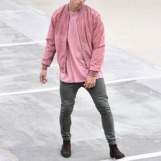 Men's Pink Suede Bomber Jacket, Pink Crew-neck T-shirt, Grey Jeans, Dark Brown Suede Chelsea Boots