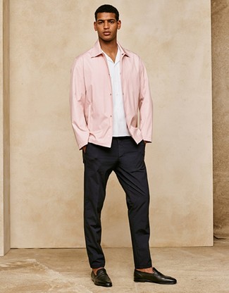 Pink Bomber Jacket Outfits For Men: Combining a pink bomber jacket and black dress pants is a fail-safe way to infuse your wardrobe with some manly sophistication. Black leather loafers are a great idea to finish this ensemble.