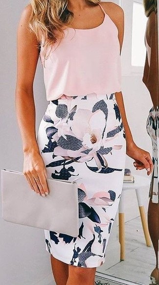 Sinda Tile Floral Print Midi Pencil Skirt Navy