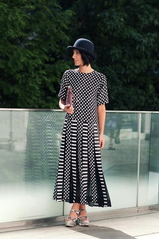 Women's Black Hat, Pink Leather Clutch, Silver Leather Wedge Sandals, Black and White Polka Dot Maxi Dress