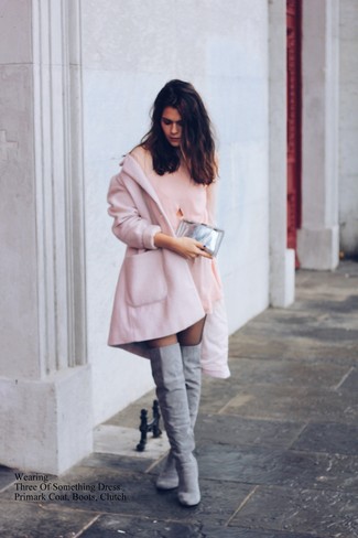 Women's Pink Coat, Pink Silk Shift Dress, Grey Suede Over The Knee Boots, Silver Clutch