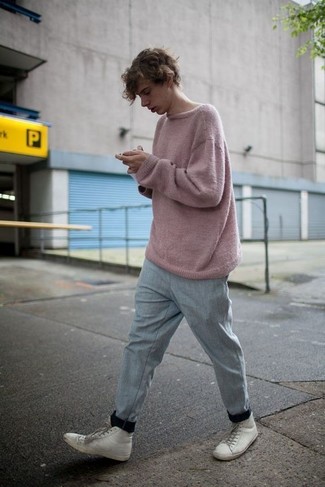 Men's Pink Crew-neck Sweater, Grey Sweatpants, White Leather High Top Sneakers