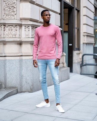 Profeti Etablere menu Light Blue Jeans with Pink Crew-neck Sweater Casual Outfits For Men (5  ideas & outfits) | Lookastic