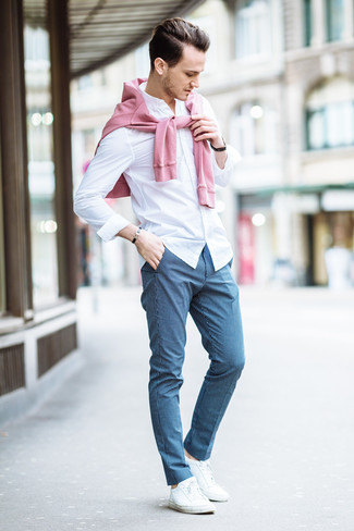 Men's Pink Crew-neck Sweater, White Dress Shirt, Blue Check Dress Pants, White Low Top Sneakers