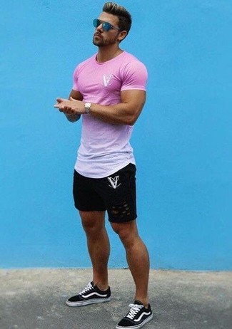 Men's Pink Crew-neck T-shirt, Black Ripped Denim Shorts, Black and White Canvas Low Top Sneakers, Gold Watch