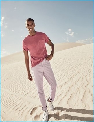 Hot Pink Crew-neck T-shirt Outfits For Men: A hot pink crew-neck t-shirt and pink chinos are a combination that every modern gent should have in his off-duty styling arsenal. White low top sneakers are a stylish accompaniment for your look.