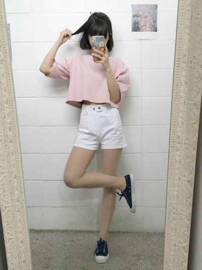 Women's Pink Crew-neck T-shirt, White Denim Shorts, Black Canvas Low Top  Sneakers