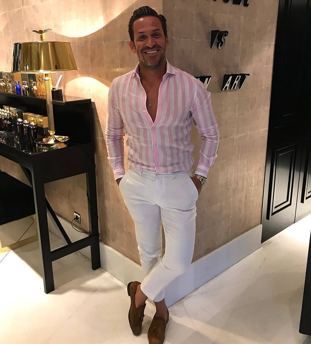 Men's Pink Long Sleeve Shirt, White Dress Pants, Brown Leather Tassel  Loafers | Lookastic