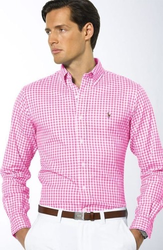Hot Pink Long Sleeve Shirt Outfits For Men: You'll be amazed at how extremely easy it is for any gentleman to get dressed this way. Just a hot pink long sleeve shirt teamed with white chinos.