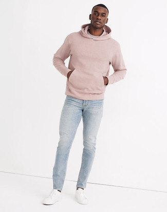 Hot Pink Hoodie Outfits For Men: For something more on the casual and cool side, consider this combo of a hot pink hoodie and light blue jeans. Our favorite of a countless number of ways to complete this ensemble is a pair of white canvas low top sneakers.