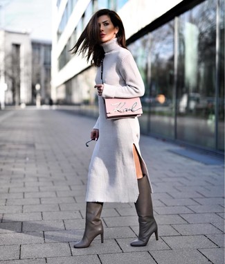 Grey Leather Knee High Boots Outfits: 
