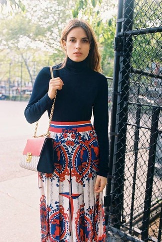 Women's Pink Leather Crossbody Bag, White and Red and Navy Print Maxi Skirt, Black Turtleneck