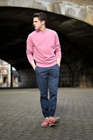 Men's Pink Leather Oxford Shoes, Navy Chinos, Pink Crew-neck Sweater
