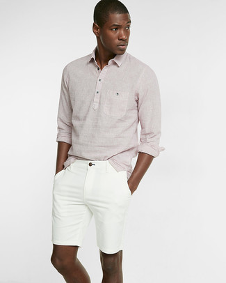 Hot Pink Linen Long Sleeve Shirt Outfits For Men: For a cool and relaxed look, consider wearing a hot pink linen long sleeve shirt and white shorts — these items play really well together.