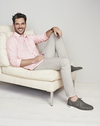Men's Pink Long Sleeve Shirt, Grey Chinos, Charcoal Leather Derby Shoes, Dark Brown Leather Watch