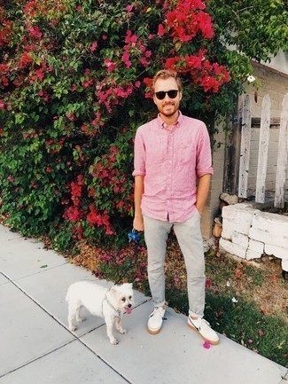 Men's Pink Chambray Long Sleeve Shirt, Grey Chinos, White and Navy Canvas Low Top Sneakers, Dark Brown Sunglasses