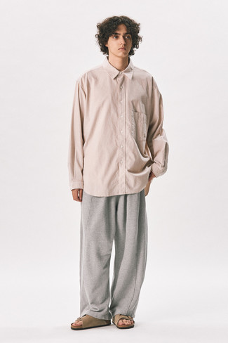 Men's Pink Long Sleeve Shirt, Grey Sweatpants, Brown Suede Sandals