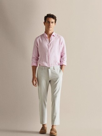 Pink Long Sleeve Shirt Outfits For Men: If you don't like putting too much effort into your ensembles, reach for a pink long sleeve shirt and white chinos. Show off your refined side by rounding off with a pair of tan suede loafers.