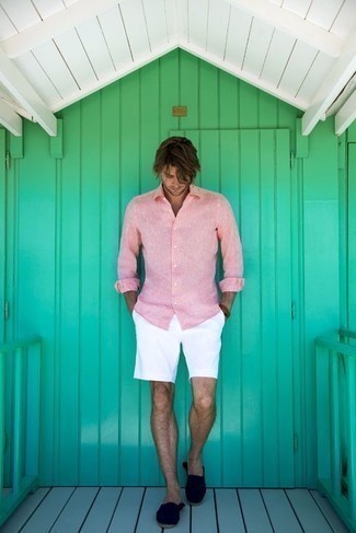 Navy Canvas Espadrilles Outfits For Men: This pairing of a pink linen long sleeve shirt and white shorts is on the casual side yet it's also stylish and truly dapper. Let your outfit coordination skills truly shine by finishing off this outfit with navy canvas espadrilles.