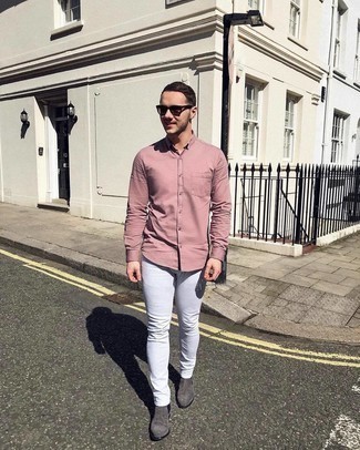 Men's Pink Long Sleeve Shirt, White Skinny Jeans, Charcoal Suede Chelsea Boots, Dark Brown Sunglasses