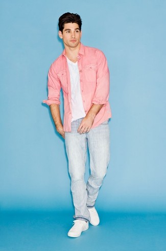 Men's Pink Long Sleeve Shirt, White V-neck T-shirt, Light Blue Jeans, White Low Top Sneakers