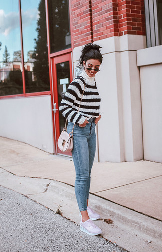 White and Black Horizontal Striped Turtleneck Outfits For Women: 