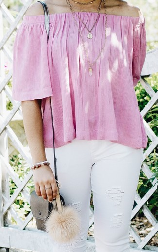 Pink Off Shoulder Top Outfits: A pink off shoulder top and white ripped skinny jeans are a good look to keep in your day-to-day casual fashion mix.