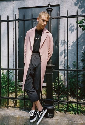 Men's Pink Overcoat, Black and White Print Crew-neck T-shirt, Charcoal Chinos, Black and White Canvas Low Top Sneakers