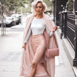 Women's Pink Quilted Leather Crossbody Bag, Pink Leather Pencil Skirt, White Crew-neck Sweater, Pink Fur Coat