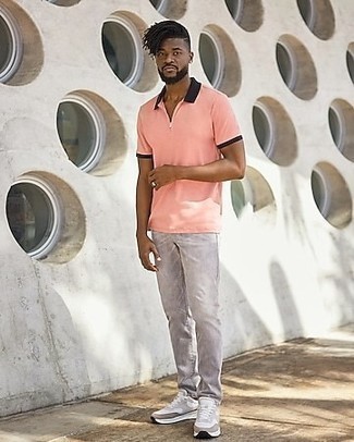 Pink Polo Outfits For Men: To don a laid-back menswear style with a modern spin, you can easily dress in a pink polo and grey jeans. Go ahead and complement your outfit with a pair of grey athletic shoes for a hint of stylish casualness.