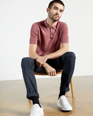 Pink Polo Outfits For Men: Combining a pink polo with navy chinos is a wonderful pick for a casual but seriously stylish outfit. This look is complemented really well with a pair of white leather low top sneakers.