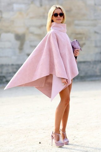 Women's Pink Poncho, Pink Leather Heeled Sandals, Light Violet Leather Clutch