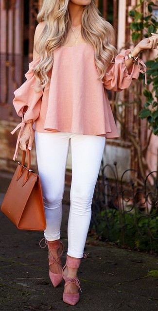 Women's Tobacco Leather Tote Bag, Pink Suede Pumps, White Skinny Jeans, Pink Off Shoulder Top