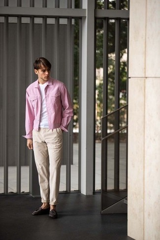 Pink Shirt Jacket Outfits For Men: Such pieces as a pink shirt jacket and beige chinos are the perfect way to inject some masculine sophistication into your casual arsenal. Charcoal suede tassel loafers will immediately lift up even your most comfortable clothes.