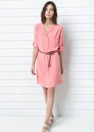 Women's Pink Shirtdress, White Leather Flat Sandals, Brown Woven Leather Belt