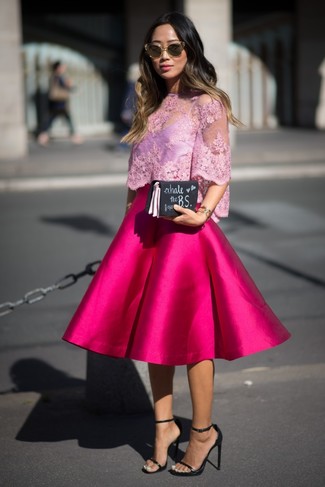 Women's Pink Lace Short Sleeve Blouse, Hot Pink Full Skirt, Black Leather Heeled Sandals, Black Print Leather Clutch