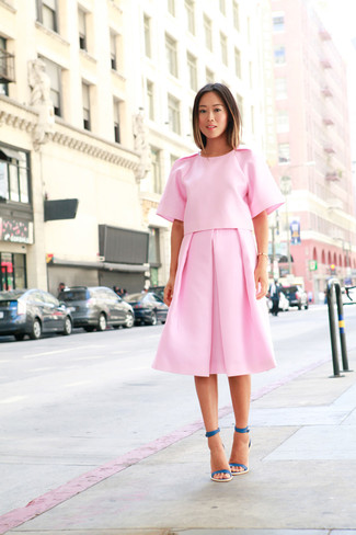 Women's Pink Short Sleeve Blouse, Pink Pleated Midi Skirt, Teal Leather Heeled Sandals
