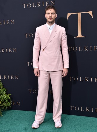 Nicholas Hoult wearing Pink Suit, White Dress Shirt, Pink Athletic Shoes