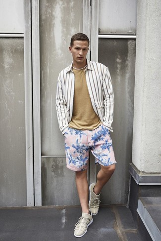 Men's Beige Low Top Sneakers, Pink Floral Swim Shorts, Tan Crew-neck T-shirt, White Vertical Striped Long Sleeve Shirt
