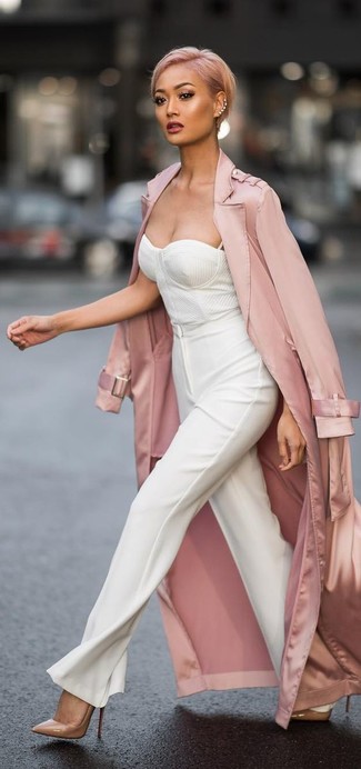 Women's Pink Lightweight Trenchcoat, White Bustier Top, White Wide Leg Pants, Beige Leather Pumps