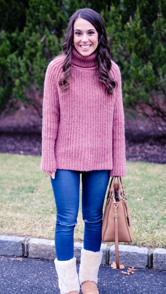 Pink Knit Turtleneck Outfits For Women: 