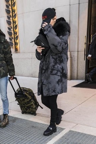Gigi Hadid wearing Black Canvas Clutch, Black Leather Platform Loafers, Black Skinny Jeans, Charcoal Shearling Coat