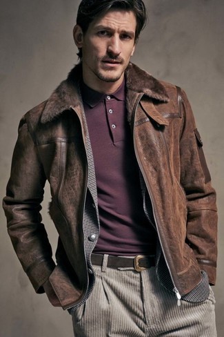 Men's Beige Corduroy Jeans, Burgundy Polo, Grey Gingham Blazer, Dark Brown Shearling Jacket