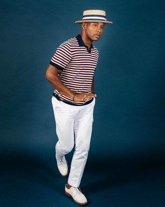 White Cargo Pants Outfits: For relaxed dressing with an edgy spin, reach for a white and red and navy horizontal striped polo and white cargo pants. Rounding off with white canvas derby shoes is an effective way to breathe an air of polish into this outfit.