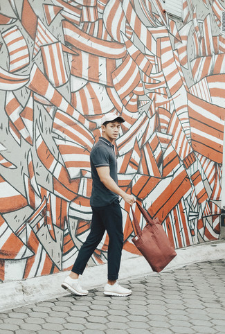 White and Red Baseball Cap Outfits For Men: A charcoal polo and a white and red baseball cap are a good getup to have in your daily casual wardrobe. With shoes, go for something on the classier end of the spectrum and round off your outfit with white athletic shoes.